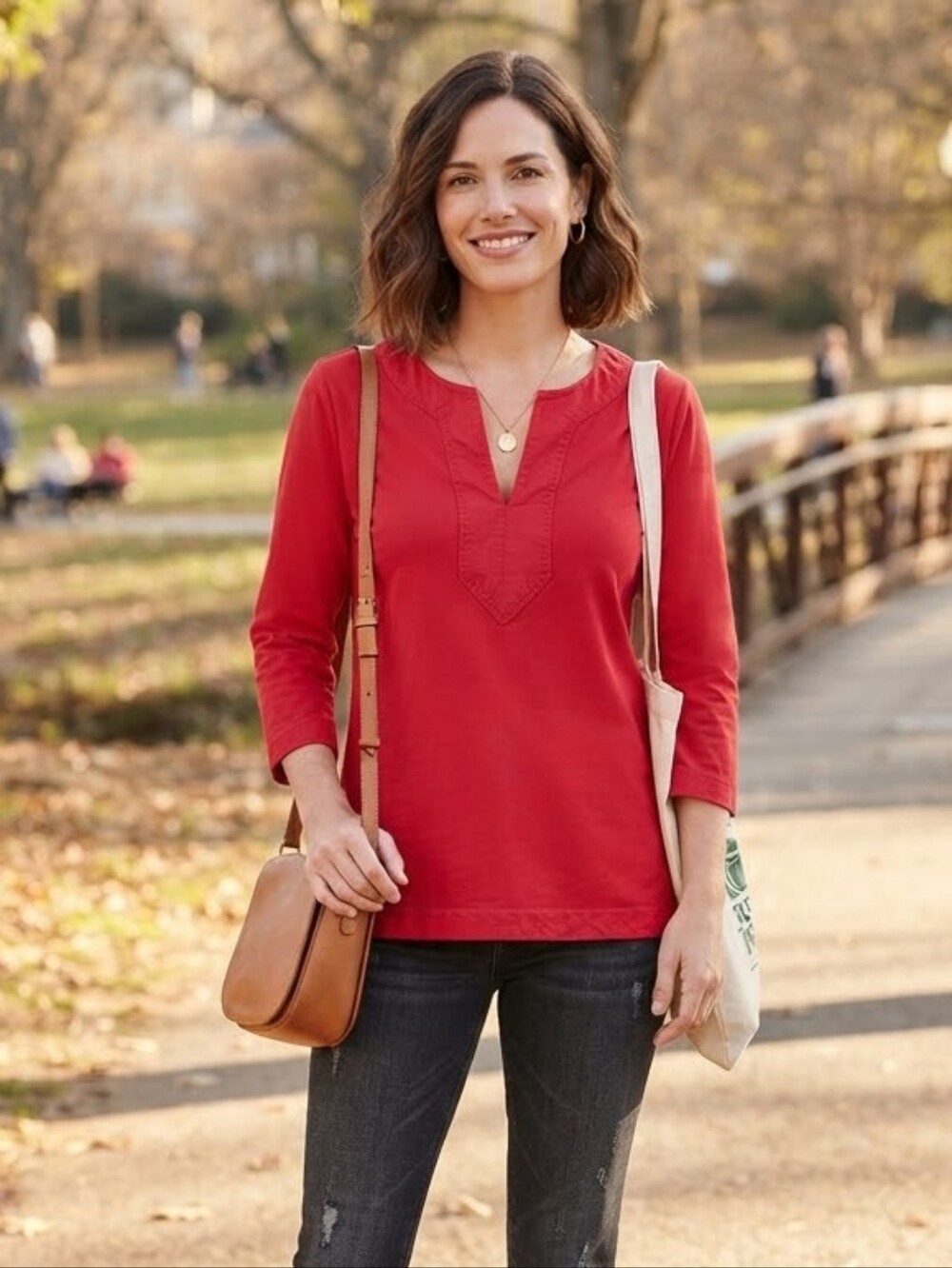Lauren Ralph Lauren Red Split-V 3/4 Sleeve Top